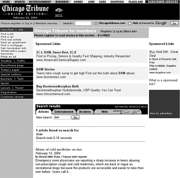 Chicago Tribune Advertising Screenshot, Feb 2004